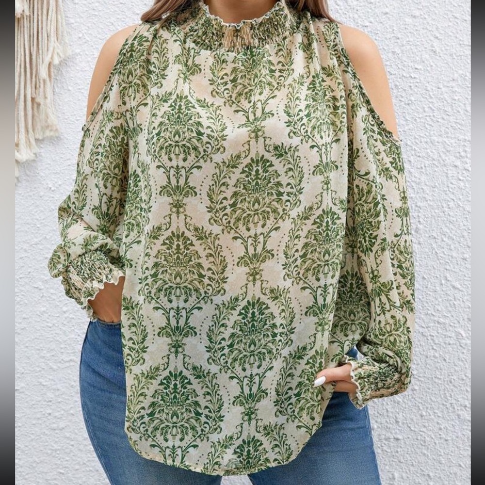 Women'S Plus Size Printed Stand Collar Cold Shoulder Neckline Casual Shirt